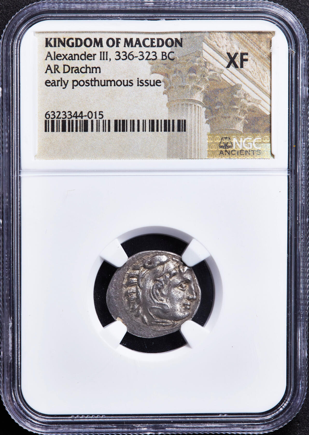 【俄甄集藏】“万象更新、马呈祥瑞”迎新春俄甄精品场-2026年(047)01-21 星期三 晚 19:30 全场包邮 古希腊马其顿王国公元前356年-前323年6月亚历山大大帝一德拉克马大力神银币，NGC XF，阿拜多斯造币厂打制，正面大力神赫拉克勒斯狮皮盔面右像，背面宙斯托鹰面左坐像，黄油彩原味老包浆