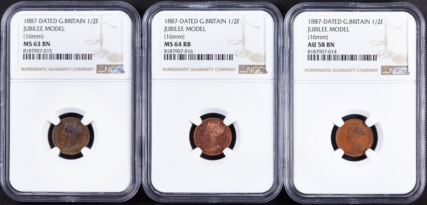 【俄甄集藏】“万象更新、马呈祥瑞”迎新春俄甄精品场-2026年(047)01-21 星期三 晚 19:30 全场包邮 英国1887年维多利亚高冠版1/2法新试机模具代用铜币3枚一组，NGC AU58-MS64RB，转光品相