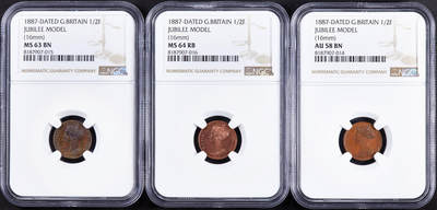 【俄甄集藏】“万象更新、马呈祥瑞”迎新春俄甄精品场-2026年(047)01-21 星期三 晚 19:30 全场包邮 - 英国1887年维多利亚高冠版1/2法新试机模具代用铜币3枚一组，NGC AU58-MS64RB，转光品相