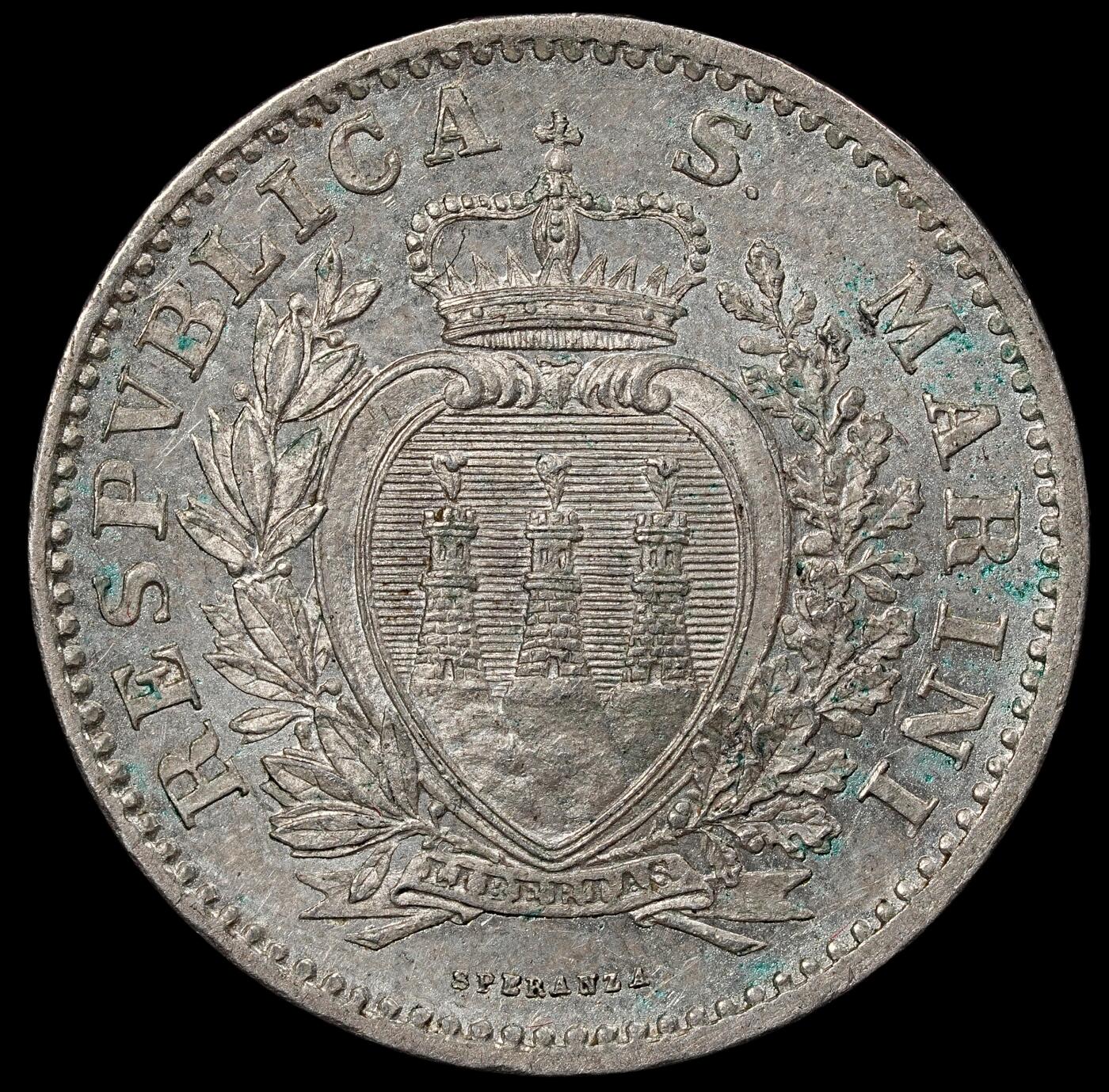 修遠堂世界钱币第101期 1906年圣马力诺1里拉银币 仅3万枚铸造量  5g，含银83.5%