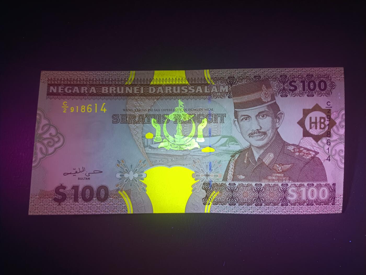 2026一月第三期，总213期 文莱1996版100令吉UNC-，中年苏丹博尔吉亚和斯里巴加湾国际机场