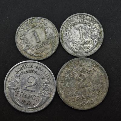 【淘币小摊】实时拍第八百四十九拍   散币银币场   满百包邮可预留二周 每周一统一发货   - 法国1-2法郎铝币4枚
