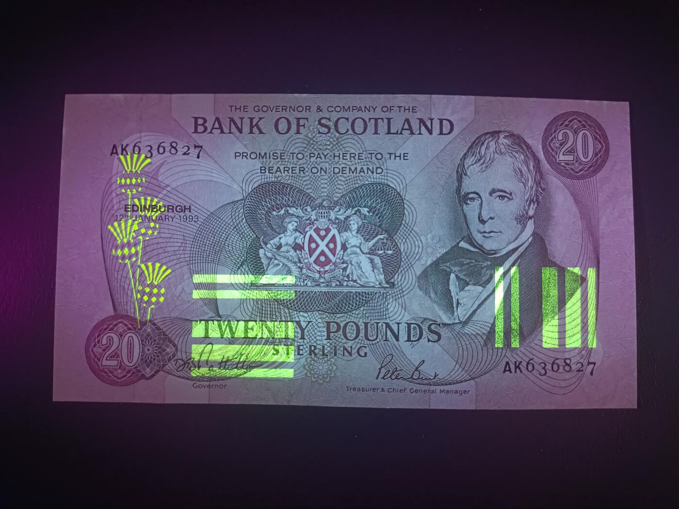 2026一月第三期，总213期 苏格兰银行1993年20镑UNC微潮，稀有早期中高面值品种，诗人沃尔特斯科特和爱丁堡