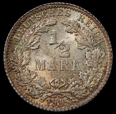 修遠堂世界钱币第101期 - 1915年德国1/2马克银币 F厂铭，未流通，2.77g，含银90%