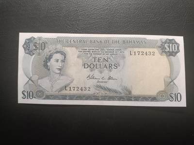 2026一月第三期，总213期 - 巴哈马1974版10元AUNC，后期“巴哈马中央银行”抬头，稀有的中高面值，大冠女王和火烈鸟，德纳罗公司水粉画风格的唯美彩背