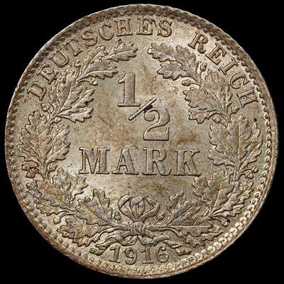 修遠堂世界钱币第101期 - 1916年德国1/2马克银币 D厂铭，未流通，2.77g，含银90%