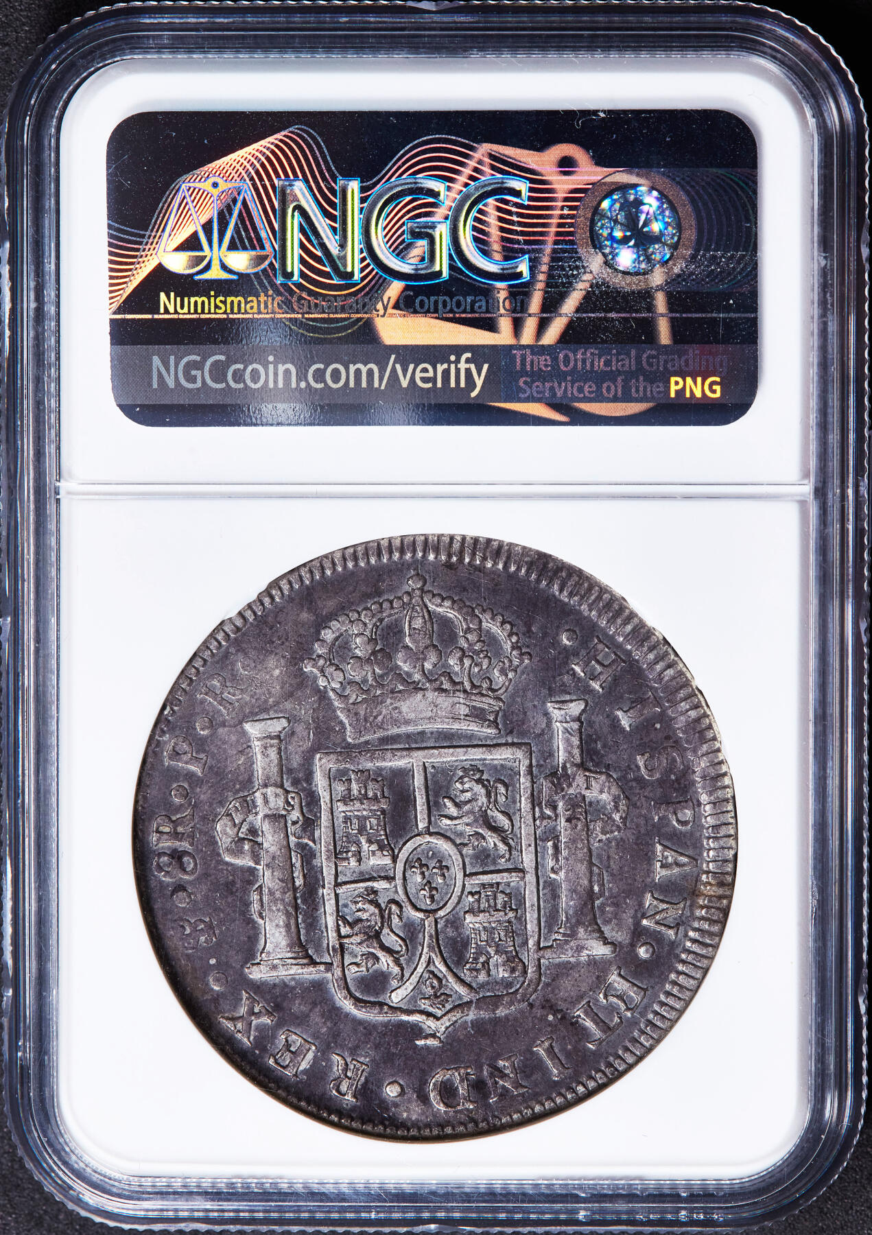 【俄甄集藏】“万象更新、马呈祥瑞”迎新春俄甄精品场-2026年(047)01-21 星期三 晚 19:30 全场包邮 西属玻利维亚1787年卡洛斯三世PTS PR版8里亚尔双柱大银币，NGC VFD，紫罗兰酱彩老包浆，味道难得