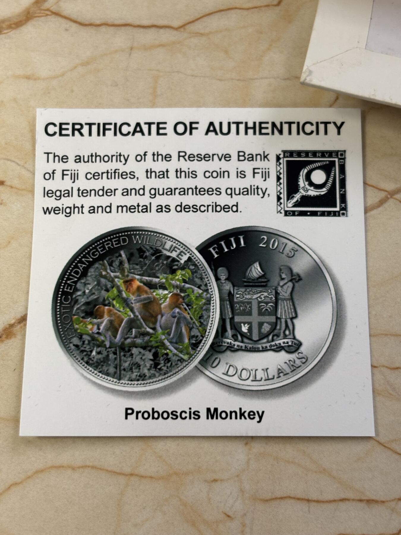 第188期拍卖 斐济2015年珍稀动物长鼻猴2盎司彩色仿古纪念银币，999银，2盎司