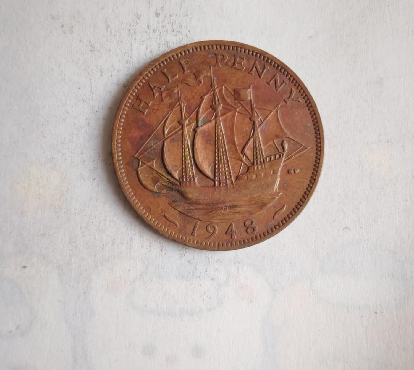 外国硬币 英国1948年乔治六世时期半便士（Half Penny）- 核心图案为“金鹿号”帆船