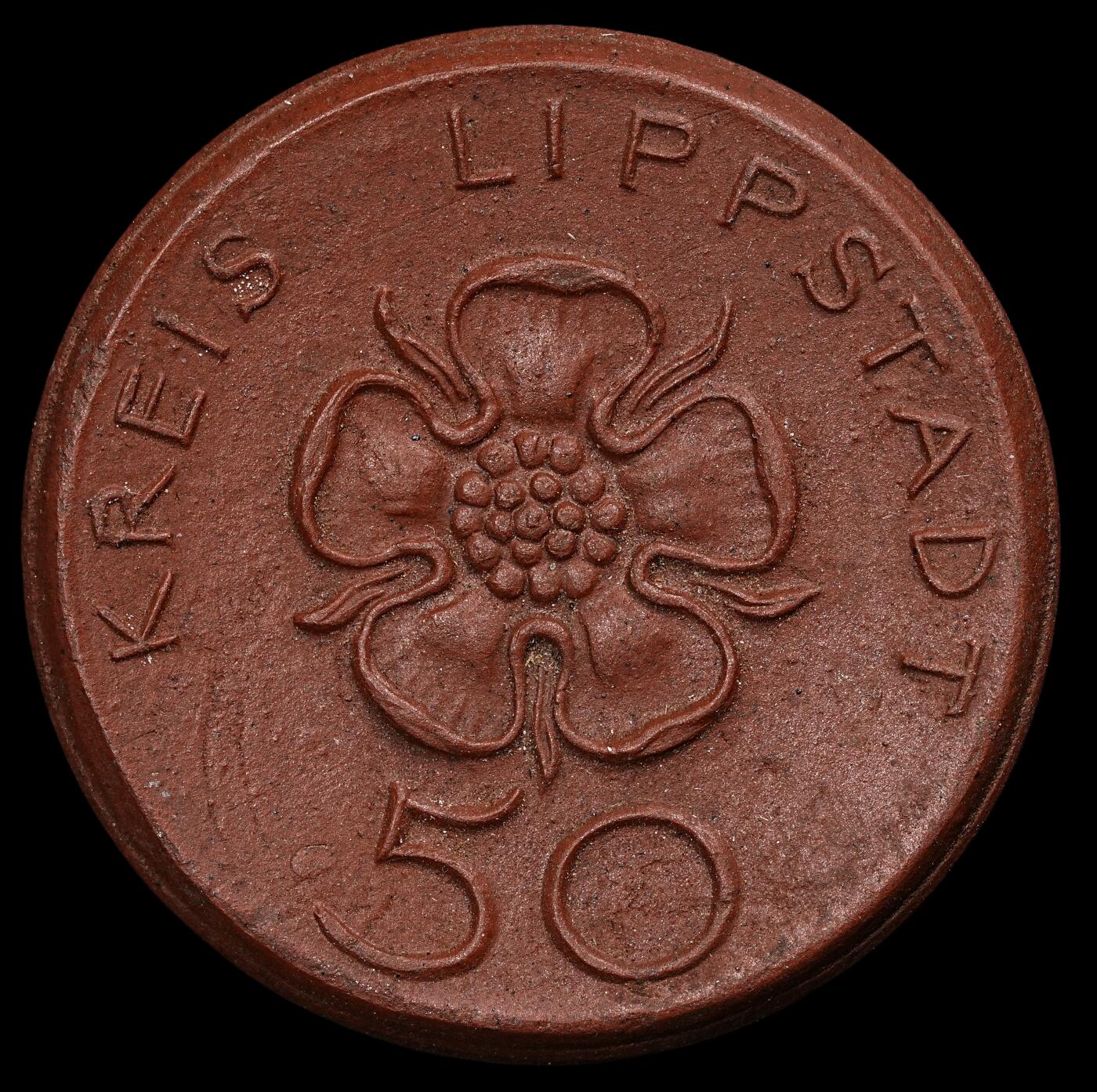 修遠堂世界钱币第101期 1921年德国紧急时期利珀施塔特地区（Kreis Lippstadt）50芬尼陶瓷应急货币，27.40mm，3.95g，完全未流通