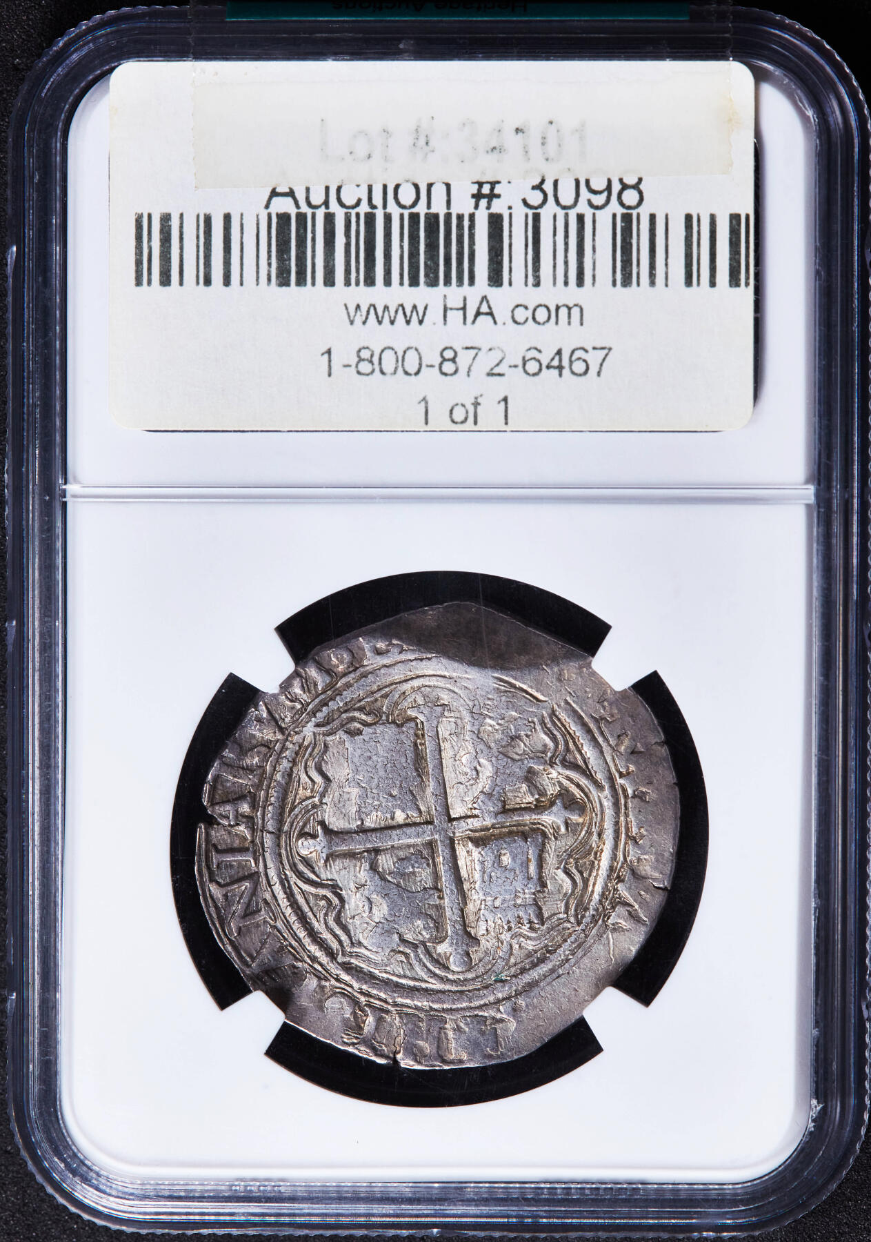 【俄甄集藏】“万象更新、马呈祥瑞”迎新春俄甄精品场-2026年(047)01-21 星期三 晚 19:30 全场包邮 西属墨西哥1556-1598年费利佩二世OMO版4里亚尔COB切割银币，NGC MS63，黄油彩原光品相，顶级状态，毫无疑问的唯一冠军分数，重13.94克