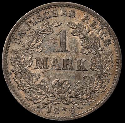 修遠堂世界钱币第101期 - 1876年德国1马克银币 F厂铭，5.48g，含银90%，带光