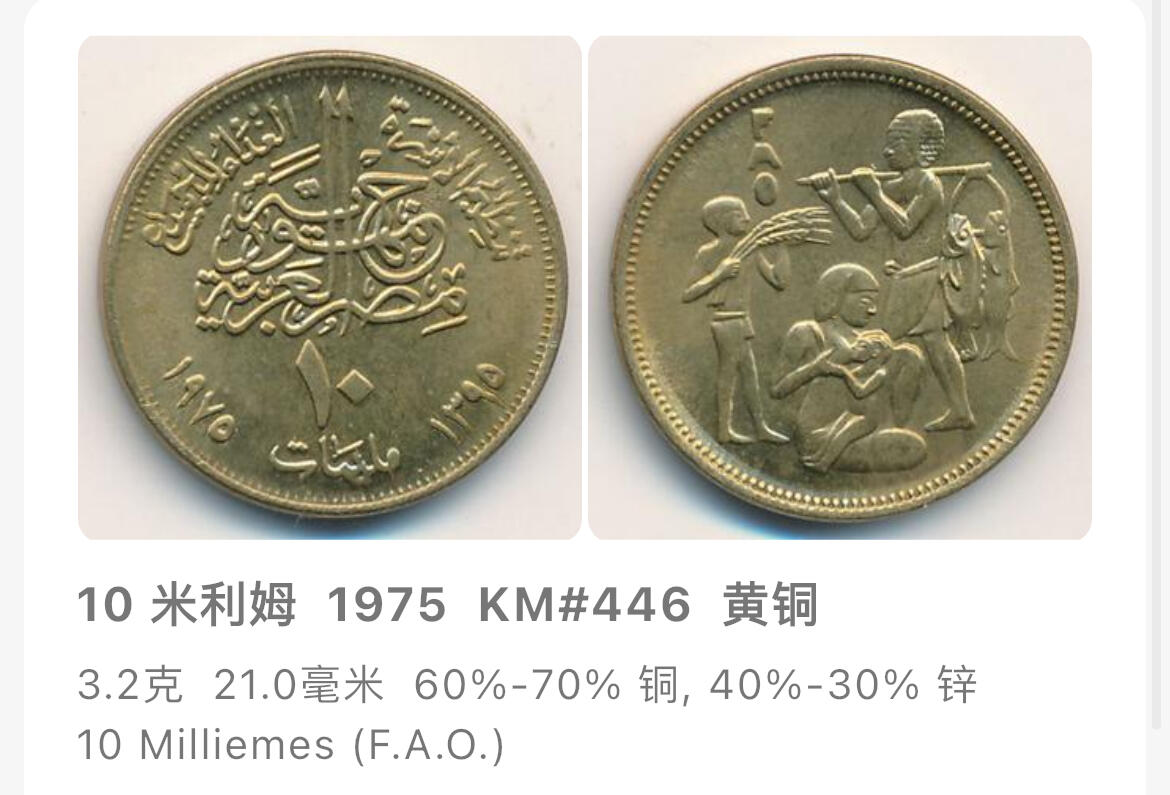 回流0120 全新 埃及1975年5、10皮阿斯特FAO纪念币两枚