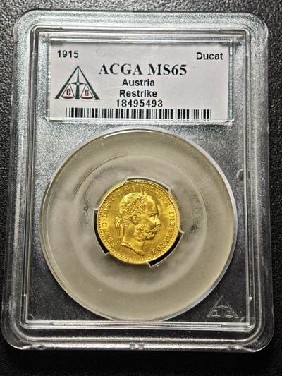 【德藏】世界币章拍卖第162期（拍品征集中~欢迎藏友联系） - 1915年 奥匈帝国弗朗茨·约瑟夫一世1杜卡特金币，重量：3.5克左右，含金量：98.6%，ACGA(美国评级公司) MS65 1915年是奥匈帝国最后一年铸造金币，1916、1917年因一战困境没有铸造，1918年奥匈帝国解体，因此，具有较高的历史价值