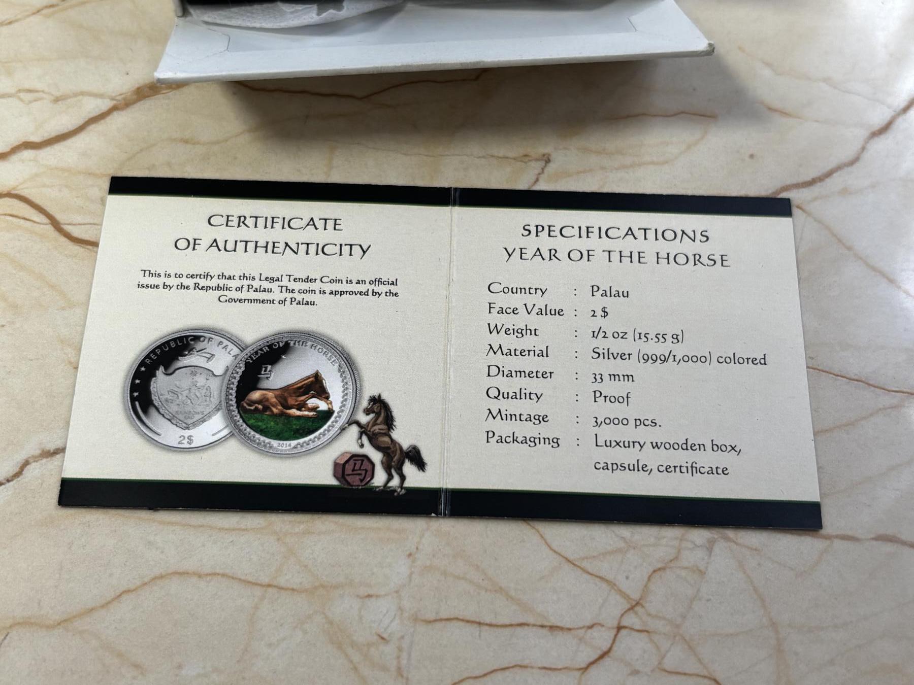 第188期拍卖 帕劳2014年中国生肖系列马年半盎司彩色纪念银币，999银，15.55克，发行3000枚
