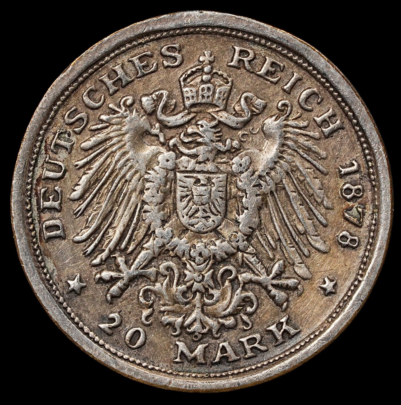 修遠堂世界钱币第101期 威廉一世小银章 20.45mm，3.66g，顶部边缘有焊点，图案仿造20马克，应该是制作作为饰品使用的