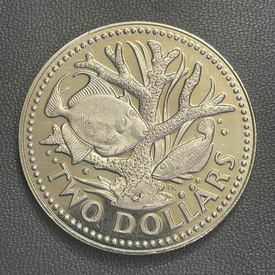 回流0120 - 极少 全新巴巴多斯1973年2元精制铜镍币 美国富兰克林造币厂铸造