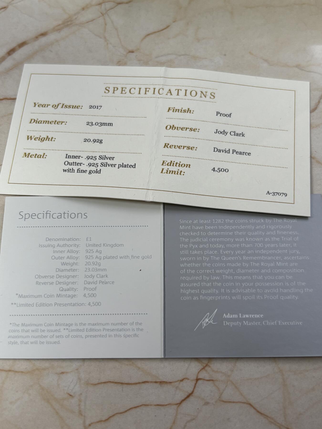 第188期拍卖 英国2017年1英镑加厚双色纪念银币，925银，20.92克，发行量4500枚
