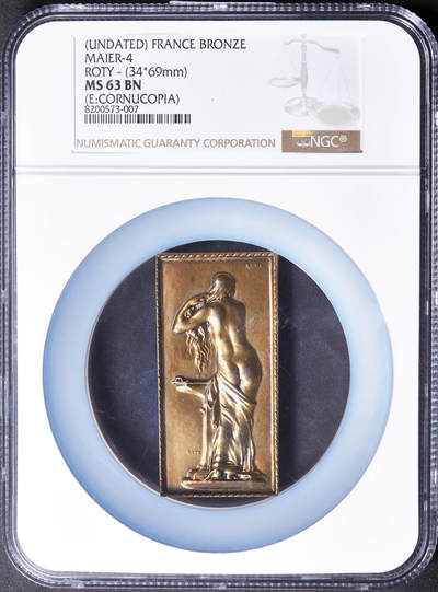 【俄甄集藏】“万象更新、马呈祥瑞”迎新春俄甄精品场-2026年(047)01-21 星期三 晚 19:30 全场包邮 - 法国1900年罗蒂名作“盥洗室”新艺术运动方形大铜章，NGC MS63，名誉品种，法兰西章牌之友协会第4号作品，丰饶角铭，尺寸：69mm×34mm，设计精美