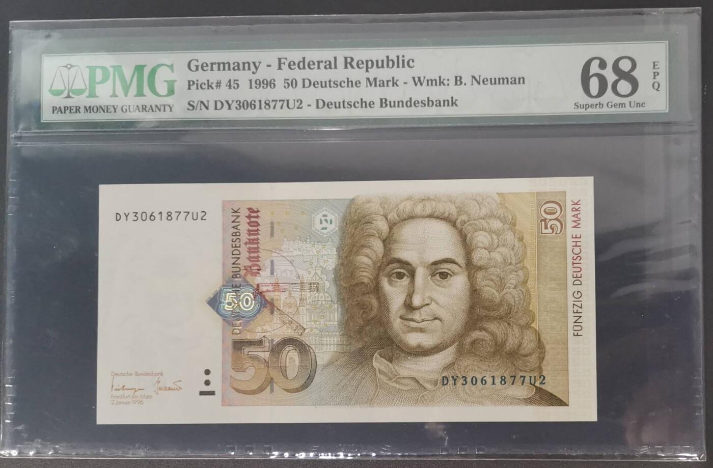 《艾美收藏》第229期-1.18周日外币荟萃 德国1996年50马克PMG68E亚军分无4 冠军69分仅5张 建筑师约翰·巴塔萨·纽曼