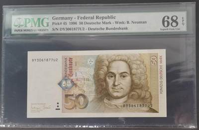 《艾美收藏》第229期-1.18周日外币荟萃 - 德国1996年50马克PMG68E亚军分无4 冠军69分仅5张 建筑师约翰·巴塔萨·纽曼