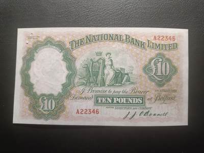 2026一月第三期，总213期 - 爱尔兰国民银行1942年10镑流通好品XF首冠A，稀有的极早期品种，爱尔兰元素的竖琴，鹿角组成的人格化象征和银行徽标