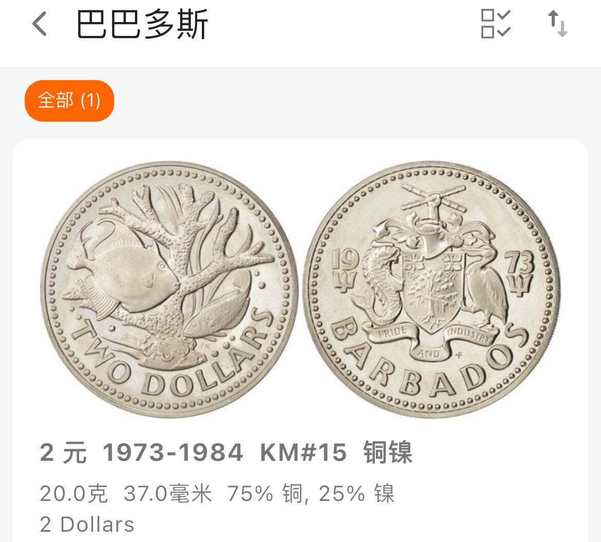 回流0120 极少 全新巴巴多斯1973年2元精制铜镍币 美国富兰克林造币厂铸造