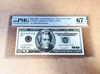 【礼羽收藏】🌏世界钱币拍卖第120期 - 美国 1996年20美元 联邦储备券 PMG67EPQ 高分