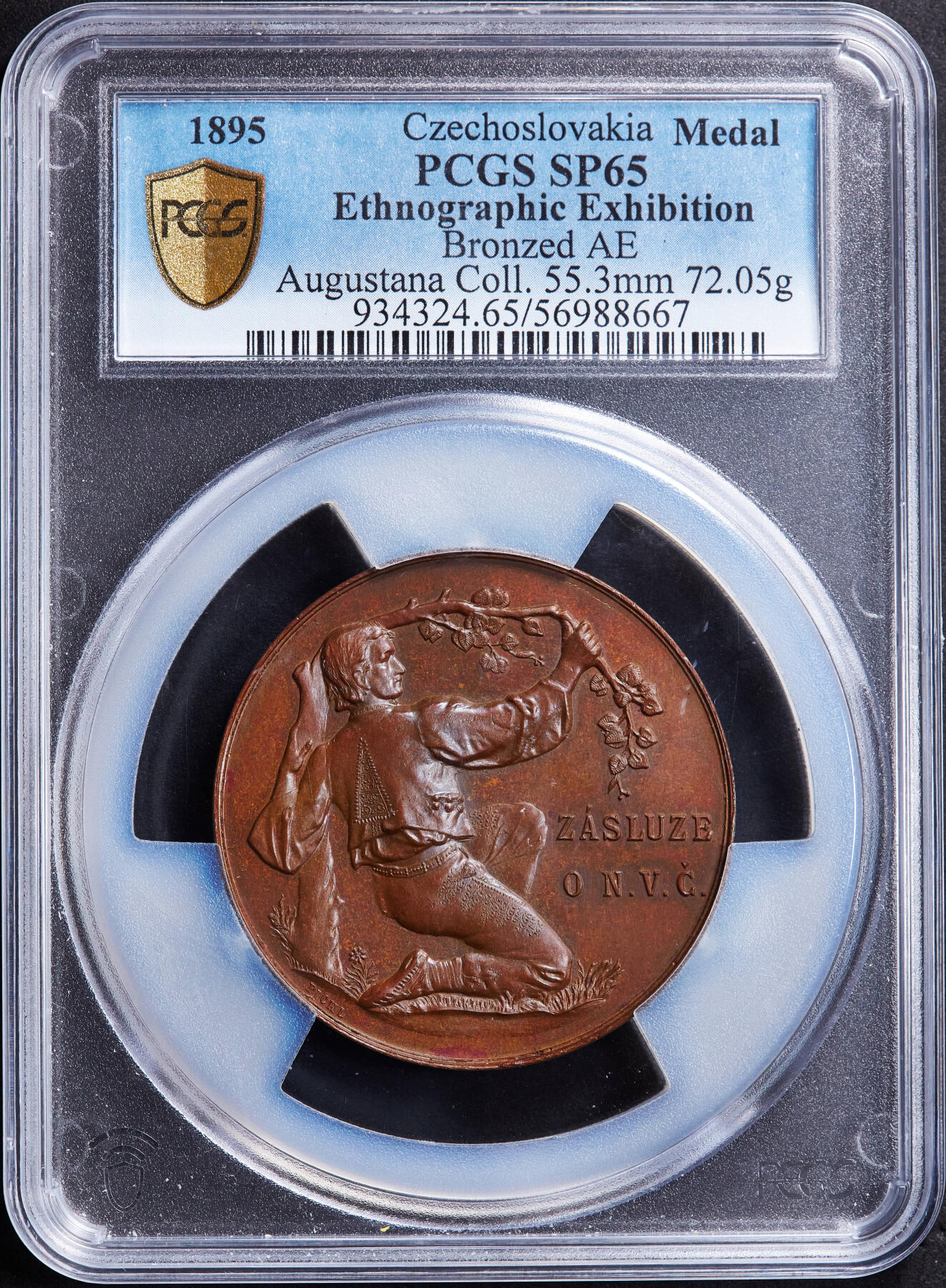 【俄甄集藏】“万象更新、马呈祥瑞”迎新春俄甄精品场-2026年(047)01-21 星期三 晚 19:30 全场包邮 捷克斯洛伐克1895年民族学院博览会纪念大铜章，PCGS SP65，巧克力包浆，顶级状态，唯一冠军分，直径：55mm