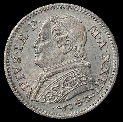 修遠堂世界钱币第101期 -  1868 年教皇国10 索尔迪（Soldi）银币，未流通品，2.50g，含银83.5%