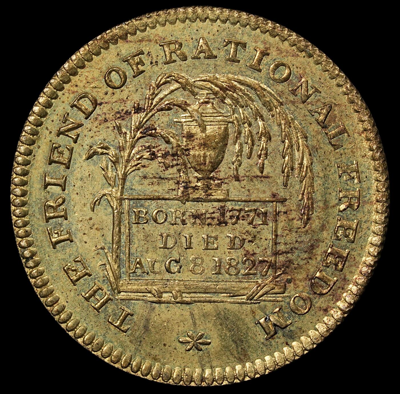 修遠堂世界钱币第101期 1827 年英国政治家乔治・坎宁（George Canning）逝世纪念章，代用币，24.57mm，5.64g，未流通品