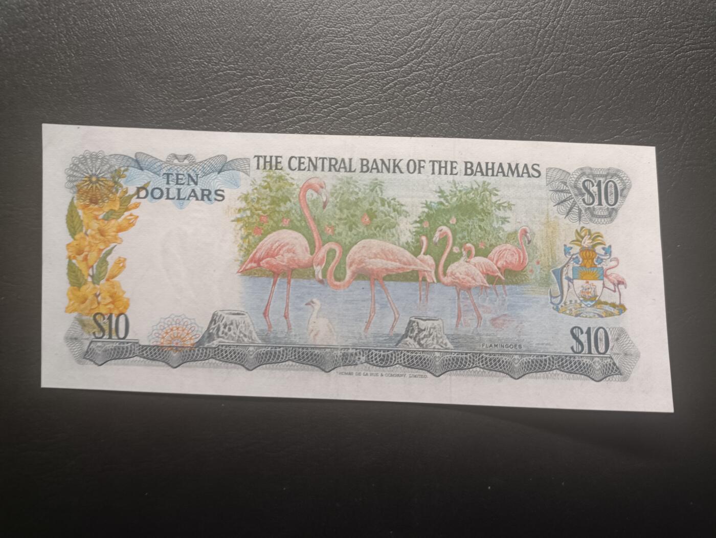 2026一月第三期，总213期 巴哈马1974版10元AUNC，后期“巴哈马中央银行”抬头，稀有的中高面值，大冠女王和火烈鸟，德纳罗公司水粉画风格的唯美彩背
