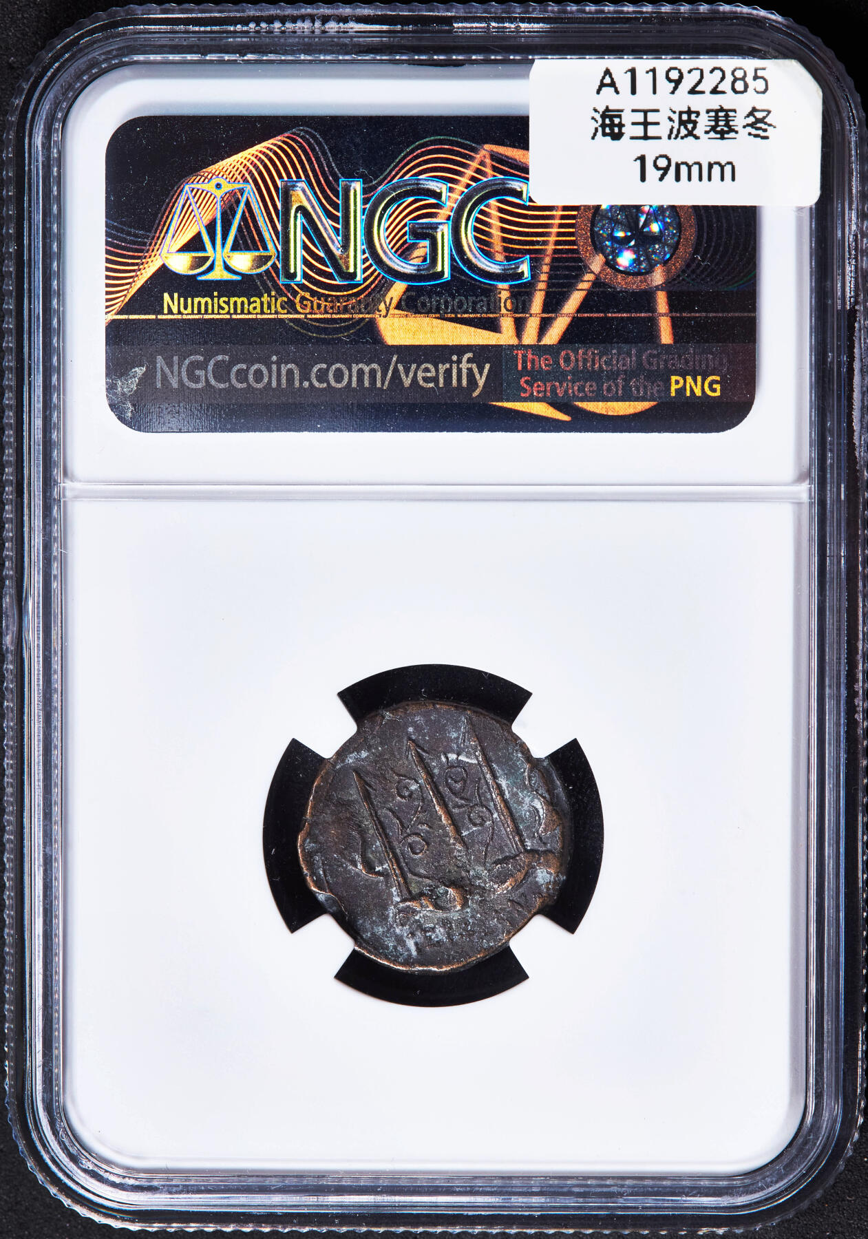 【俄甄集藏】“万象更新、马呈祥瑞”迎新春俄甄精品场-2026年(047)01-21 星期三 晚 19:30 全场包邮 古希腊西西里岛叙拉古公元前275-前216年希伦二世海神波塞冬铜币，NGC XF，出自波塞冬集藏，正面海神波塞冬头像，背面波塞冬的法器三叉戟，两边各有一只海豚，NGC海神特殊标签