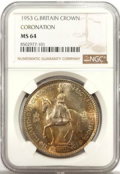 博洋堂世界钱币拍卖第157期（全场包邮） - NGC MS64 英国1953年伊丽莎白二世登基纪念克朗，带彩少见