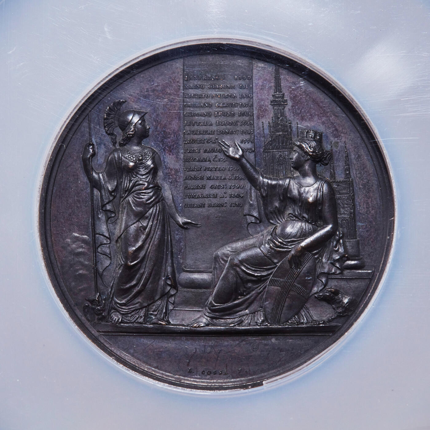 【俄甄集藏】“万象更新、马呈祥瑞”迎新春俄甄精品场-2026年(047)01-21 星期三 晚 19:30 全场包邮 意大利1844年纪念第六届国立科学家代表大会在米兰召开大铜章，NGC MS61，紫罗兰包浆，高浮雕，类精制底板，直径56mm