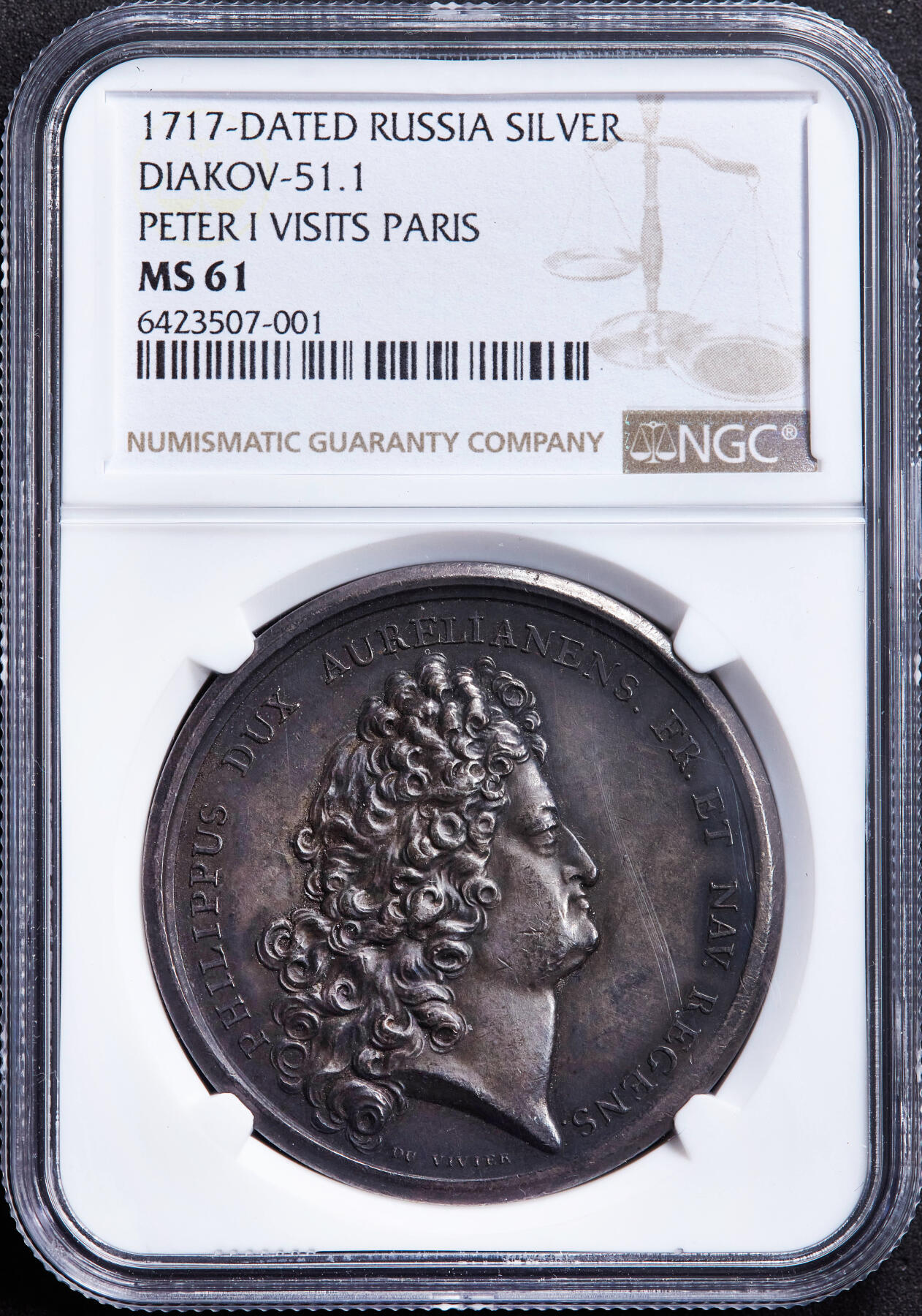 【俄甄集藏】“万象更新、马呈祥瑞”迎新春俄甄精品场-2026年(047)01-21 星期三 晚 19:30 全场包邮 沙俄1717年奥尔良公爵菲利普二世头像纪念沙皇彼得一世访问巴黎银章，NGC MS61，酱彩包浆，稀有品种