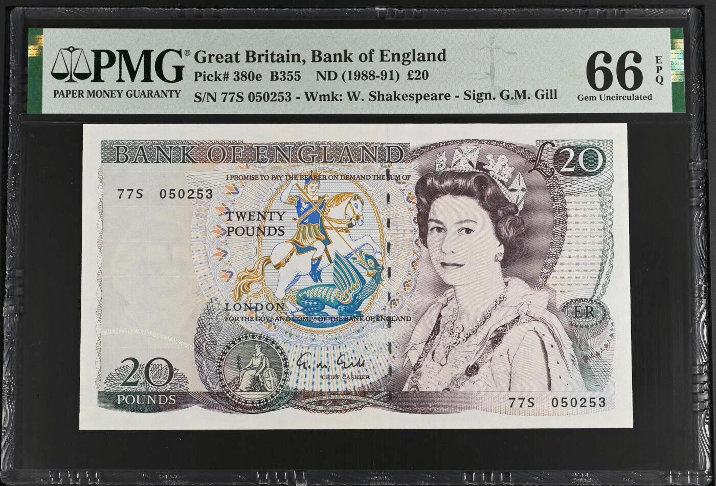 《艾美收藏》第229期-1.18周日外币荟萃 英国D序列1988-91年20镑PMG66E无47 Gill签名 莎士比亚水印 Pick#380e