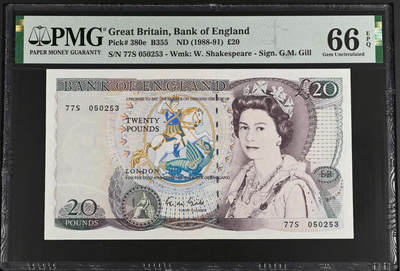 《艾美收藏》第229期-1.18周日外币荟萃 - 英国D序列1988-91年20镑PMG66E无47 Gill签名 莎士比亚水印 Pick#380e