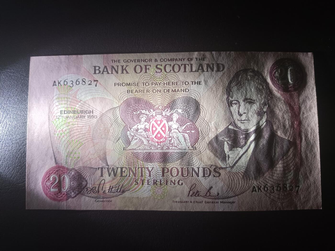 2026一月第三期，总213期 苏格兰银行1993年20镑UNC微潮，稀有早期中高面值品种，诗人沃尔特斯科特和爱丁堡