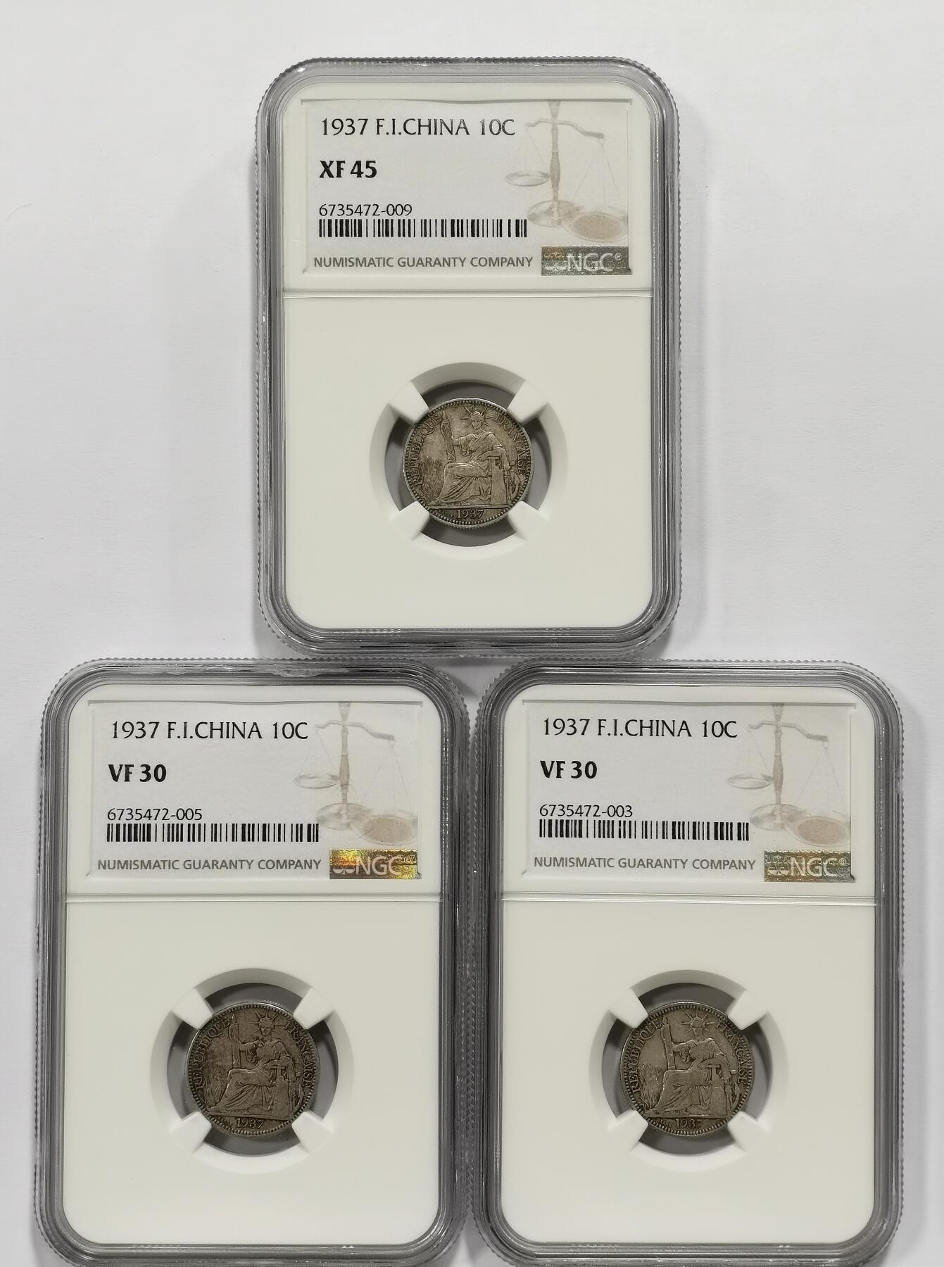 博洋堂世界钱币拍卖第157期（全场包邮） NGC VF30/XF45 法属印支1937年坐洋10分银币一组3枚