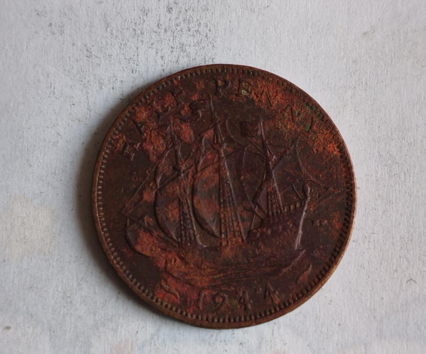 外国硬币 - 核心图案为“金鹿号”帆船英国1948年乔治六世时期半便士（Half Penny）