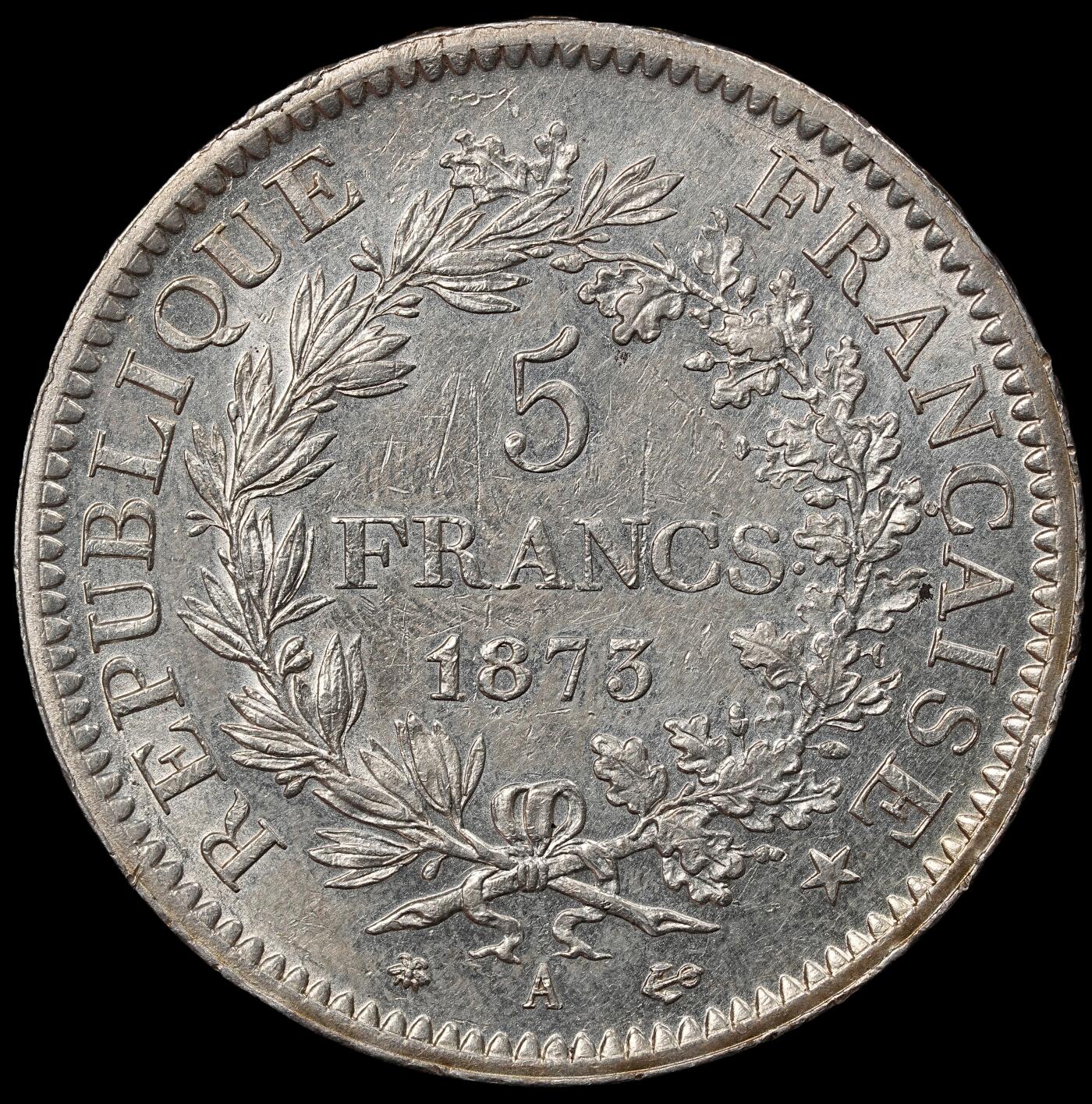 修遠堂世界钱币第101期 1873年法国大力神5法郎大银币，近未-未流通细节，25.00g，含银90%