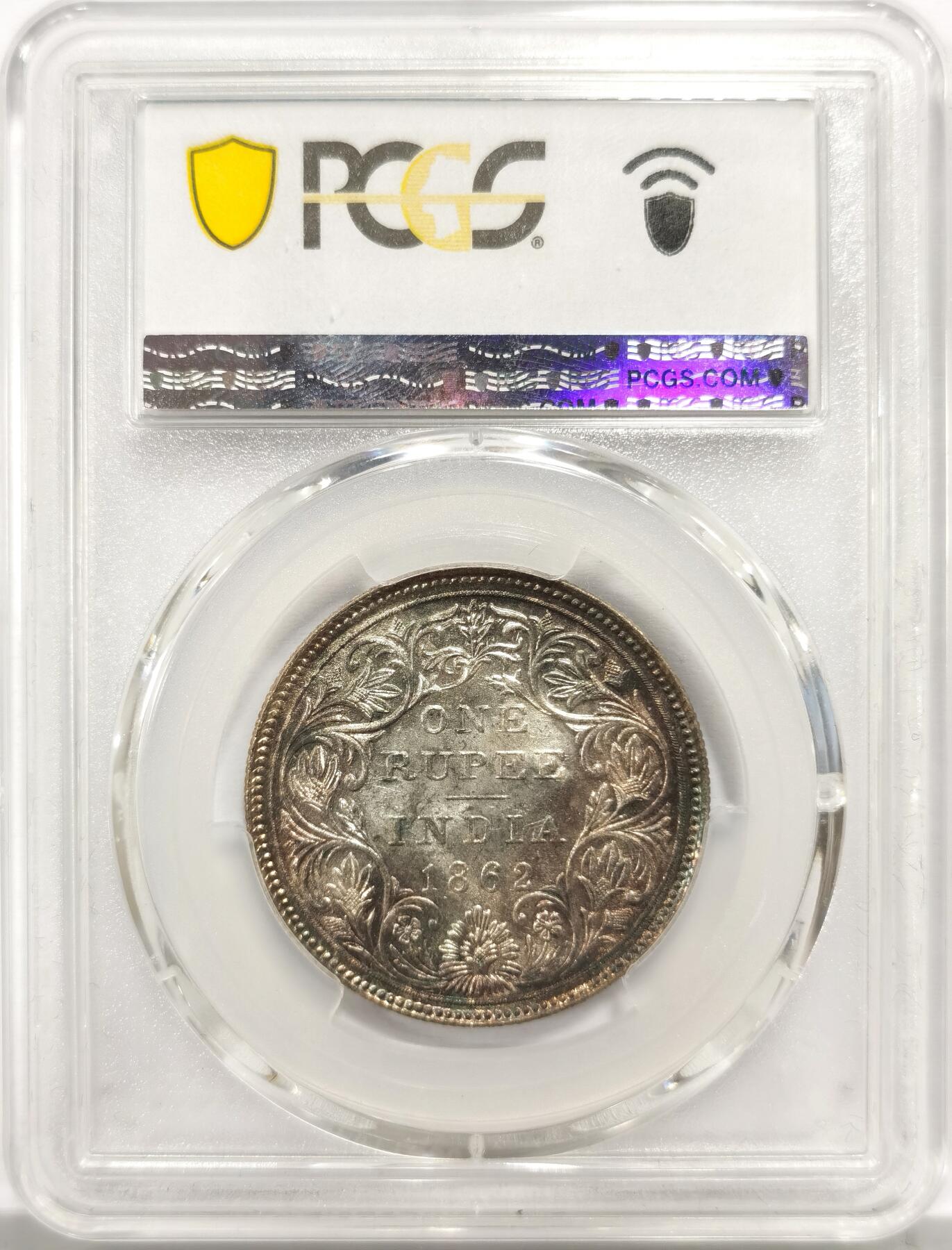 博洋堂世界钱币拍卖第157期（全场包邮） PCGS MS63 英属印度1862年维多利亚1卢比银币，黑彩包浆