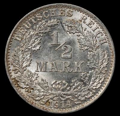 修遠堂世界钱币第101期 - 1914年德国1/2马克银币 A厂铭，未流通，2.77g，含银90%