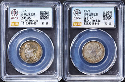 【俄甄集藏】“万象更新、马呈祥瑞”迎新春俄甄精品场-2026年(047)01-21 星期三 晚 19:30 全场包邮 - 中华民国1929年民国十八年广东省孙像贰毫银币2枚一对，公博 XF45，黄油酱彩老包浆