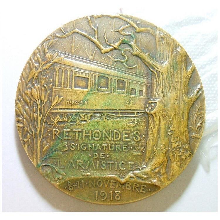 【艺术】法国艺术大章1918年 名将福煦元帅+著名一战投降签署火车车厢 高浮雕精制超大铜章 68MM 158克