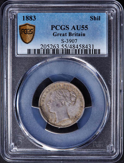 【俄甄集藏】“万象更新、马呈祥瑞”迎新春俄甄精品场-2026年(047)01-21 星期三 晚 19:30 全场包邮 - 英国1883年小维头像1先令银币，PCGS AU55，黄油彩老包浆