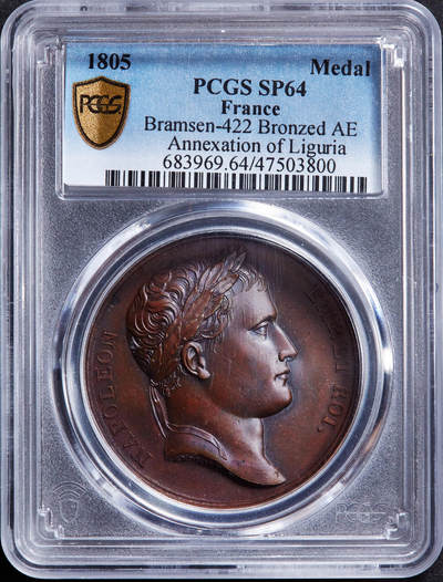 【俄甄集藏】“万象更新、马呈祥瑞”迎新春俄甄精品场-2026年(047)01-21 星期三 晚 19:30 全场包邮 - 法国1805南拿破仑帝国纪念吞并意大利利古里亚大铜章，PCGS SP64，高浮雕，巧克力包浆，少见品种，亚军