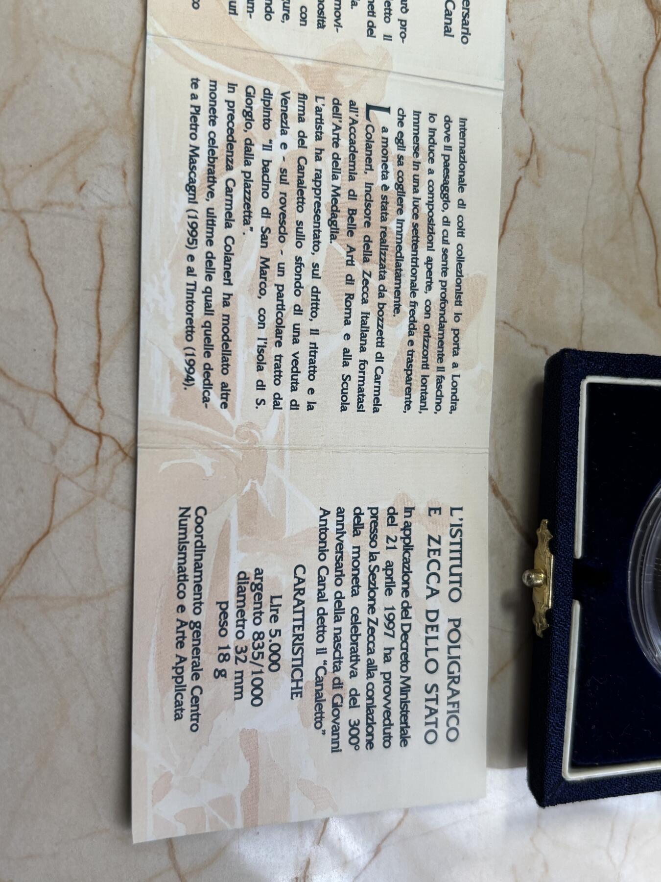 第188期拍卖 意大利1997年画家卡纳莱托5000里拉精制纪念银币，835银，18克