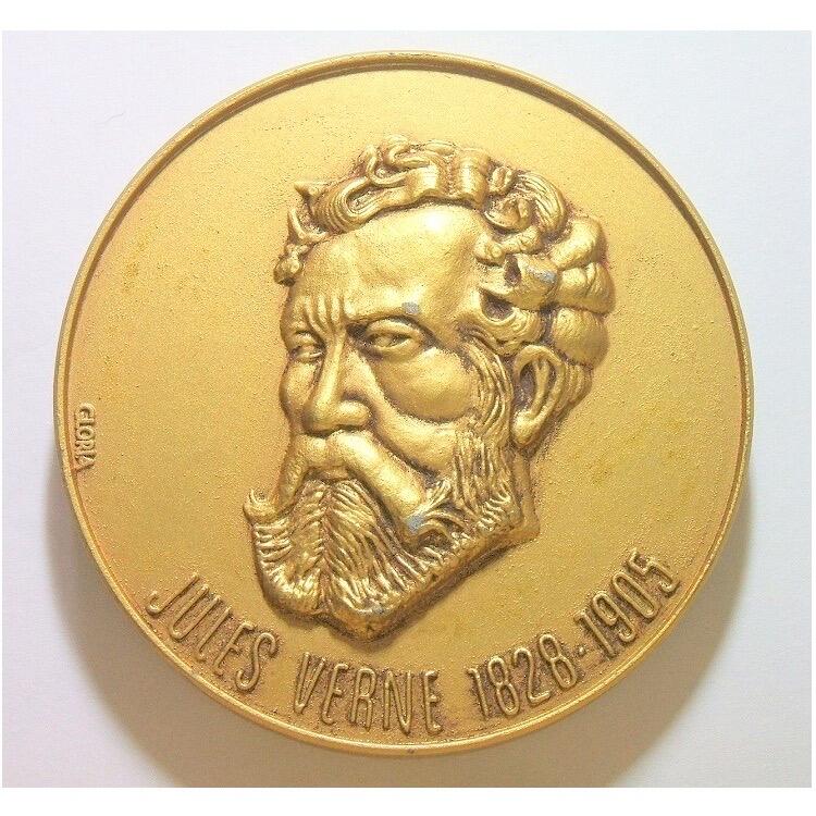 【艺术】法国艺术大章1905年 科幻大文豪凡尔纳 高浮雕精制超大镀金章 带原盒 68MM 154克